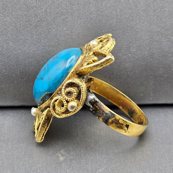 VTG Victorian Revival Turquoise & Faux Seed Pearls Filigree Ring Sz 9 Adjustable - Picture 2 of 10
